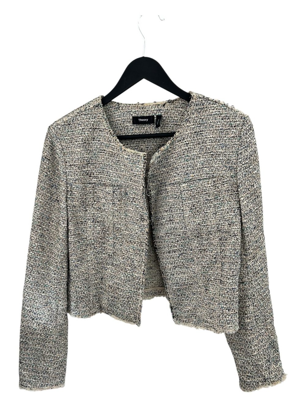 Theory Textured Cropped Jacket in Gray Tweed with Raw Edge